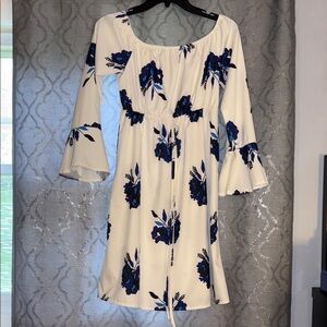 Floral White and Blue Women's off the shoulder light weight Dress